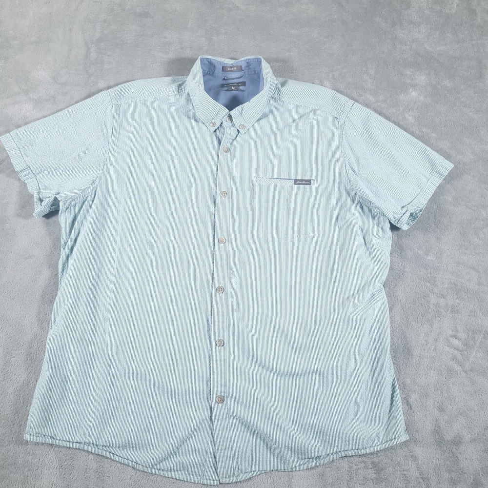 Eddie Bauer Shirt Mens 2XL Green Seersucker Short Sleeve Button Up Classic Fit - Picture 2 of 10